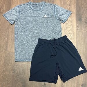 Adidas Set - Men’s Active Navy Athletic Shorts / blue heathered Dry Fit Tee - M